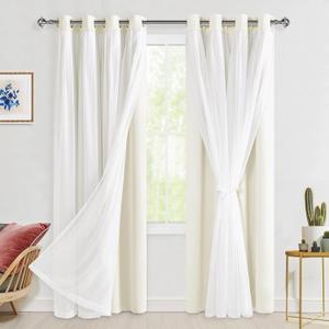 Hiasan Blackout Curtains with Sheer Overlay, Grommet Thermal Insulated Mix & Match Double Layer Window Curtains for Bedroom, Living Room, 2 Drape Panels Sewn with Tiebacks, Ivory, 52W X 84L