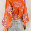 BTFBM Women Fashion Button Down Shirts V Neck Printed Solid Boho Long Sleeve Blouses Dressy Casual Summer Fall Tops (Medium, Floral Orange Purple)