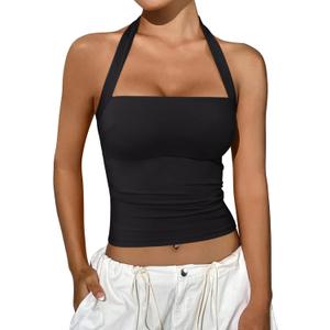 REORIA Halter Tops for Women Summer Sleeveless Going Out Outfits Y2K Trendy Cute Crop Tank Top Clothes Black Medium