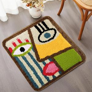 Abstract Line Art Face Tufted Throw Rug Washable, Modern Mid-Century Contemporary Cute Aesthetic Bathroom Rug 2x2 Non Slip, Colorful Funny Cool Tribal Funky Area Carpet for Bedroom Dorm