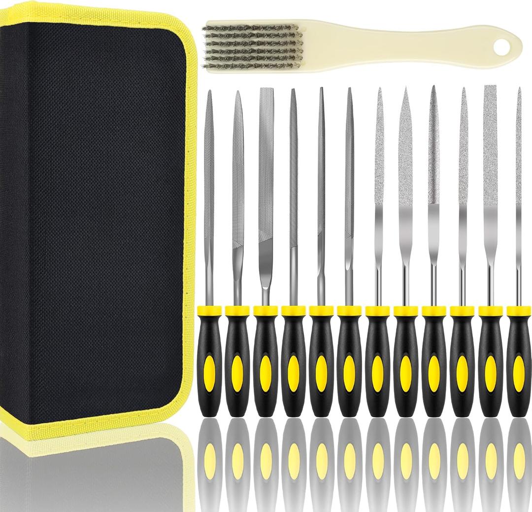 Small File Set, Needle Diamond File 13PCS, 6pcs Jewlers Files & 6pcs Steel Files Precision Metal Work, Woodworking, Plastic Carving Tool with Steel Brush and Carry Case