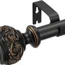 Black Curtain Rods, 36-72'' Decorative Window Curtain Rod 1-Inch Diameter with Modern Design Floral Carved Ball Finials, Drapery Curtain Pole Extends from 36 to 72 Inches,Floral Antique Black