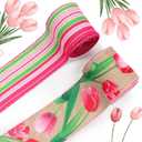 Threetols 2 Rolls 10 Yards Floral Wired Edge Ribbon, 2.5inch Pink Tulip Burlap Ribbon, Pink Green Stripe Gift Wrapping Ribbon for Farmhouse Party DIY Craft Spring Wreaths Bow Decoration