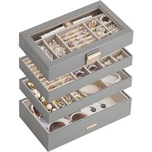SONGMICS Stackable Jewelry Trays, 4-Tier Jewelry Box, Drawer Jewelry Organizer, with Glass Lid, Removable Dividers, for Vanity Table, 6.7 x 11 x 7.2 Inches, Gift Idea, Dove Gray UJBC164G01