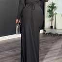Vakkest Elegant Long Sleeve Dresses for Women Sexy Ruched Irregular Ruffle Split Party Maxi Dress Bodycon Evening Gowns (Black, XL)