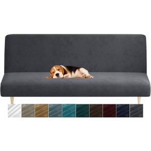 MAXIJIN Velvet Futon Cover Full Size Stretch Futon Mattress Cover Thick Soft Armless Sofa Bed Slipcover Plush Couch Furniture Protector with Elastic Bottom, Machine Washable (Gray)