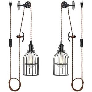 SEEBLEN Plug in Pendant Light Set of 2,Industrial Hanging Lamps That Plug into Wall Outlet,Farmhouse Pulley Pendant Light with Plug in Cord, Wall Lamps for Bedroom Living Room Kitchen.