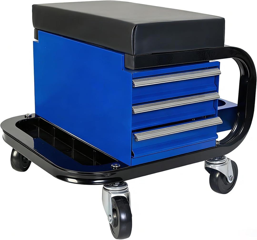 Rolling Mechanic Stool with Wheels, Creeper Seat with 3 Built-in Tool Drawers, Side Tool Tray & Rear Bottle Tray for Shop & Work, Garage Use (14" L × 15" W × 15" H), Universal