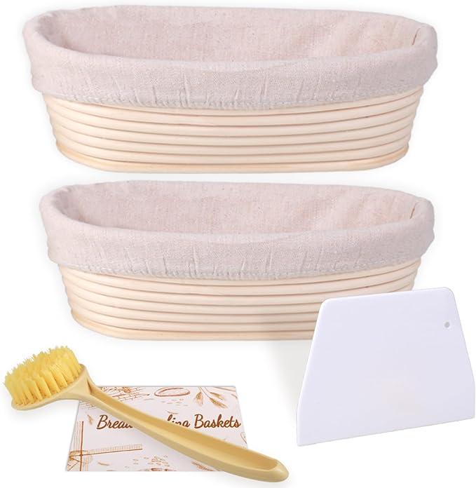 Banneton Bread Proofing Basket Set of 2, 10 Inch Oval Sourdough Bread Baking Supplies, Bread Making Starter Kit, Proofing Baskets for Baking, Perfect Baker's Gift Set