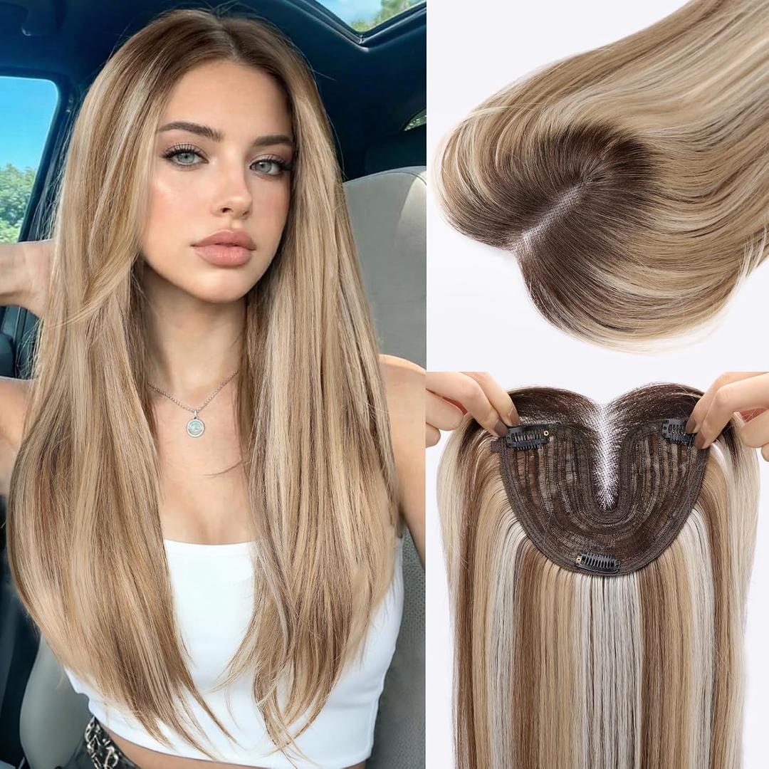 Isaic Hair Toppers for Women 24 Inch Synthetic Hair Topper with 360 Clip-In & Adjustable Band, Layered Design Adds Natural Volume for Thinning Hair, Ombre Light Brown with Blonde Highlights