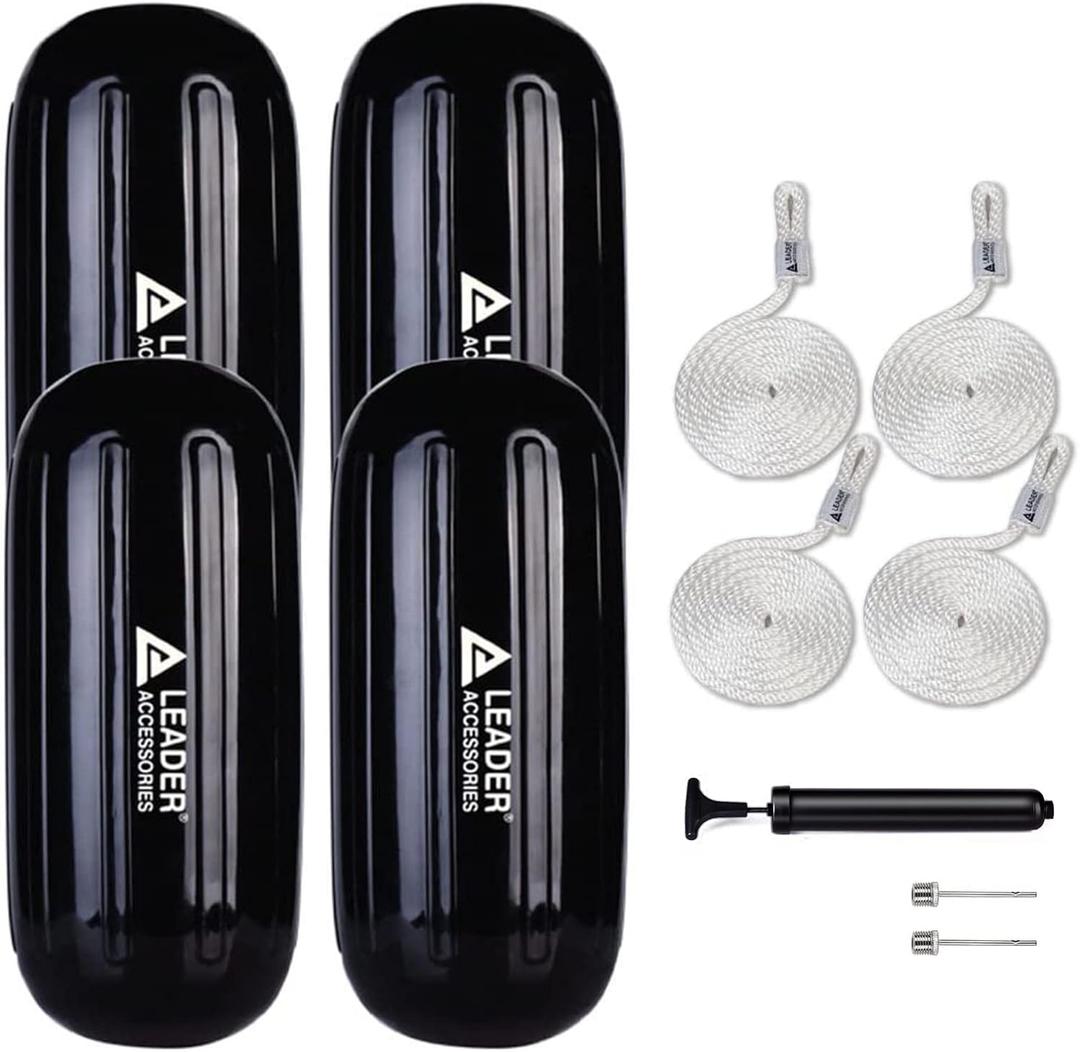 Leader Accessories Boat Fender 4 Pack Boat Bumpers Hole Through Middle Ribbed Inflatable Includes 3/8'' Fender Lines Pack od 4 and Pump to Inflate