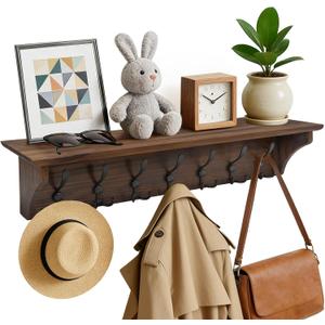 33" Coat Rack with Shelf Wall Mount, Pre-Assembled Solid Wood Coat Hooks with Shelf, Wall Coat Hanger with 7 Metal Triple-Hooks for Hanging Hat,Key,Clothes,Towel, for Entryway,Bedroom,Bathroom,Charred