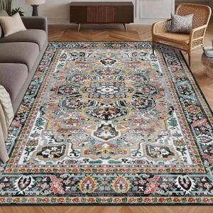 Washable Area Rug 9' x 12' Vintage Traditional Persian Mat - Foldable Distressed Non-Slip Machine Washable Carpet for Living Room Bedroom Kitchen Home Decor - Slate and Multicolor