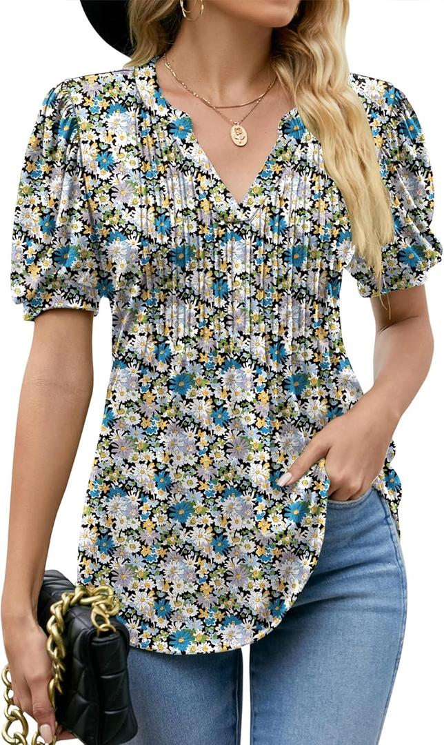 LOMON Womens Summer Tops 2025 Trendy Short Sleeve V Neck T Shirts Casual Dressy Loose Pleated Basic Tunic Blouse (2XL, Black+blue Floral-02)