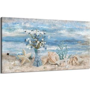 Beach Canvas Wall Art for Living Room Ocean Theme Seaside Print Blue Coastal Picture Abstract Seascape Landscape Pink Teal Painting Daisy Flower in Indian Vase Framed Artwork for Home Decor 30x60inch