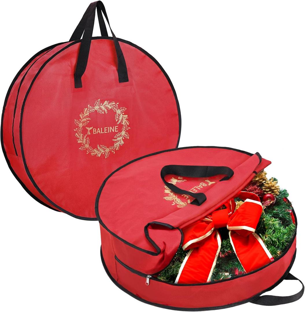 BALEINE 2 Pack Wreath Storage Container, Christmas Wreath Storage Bag with Reinforced Handle for Holiday Xmas (Red, 36"X8")