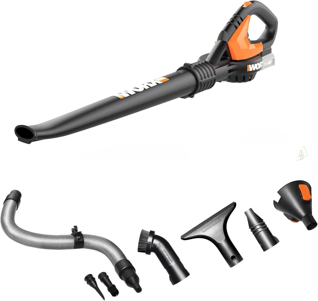 WORX Cordless Leaf Blower, Electric Blowers for Lawn Care with 120 MPH & 2.7 LBS, Long Nozzle Design for Narrow Spaces with Cleaning Attachments, Battery & Charger Not Included, WG545.9