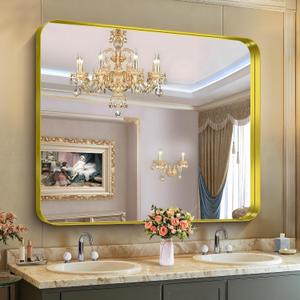 CIRCUMI Gold Bathroom Mirror, 40"x48" Rectangular Mirror with Deep Metal Frame, Rounded Corner, Tempered Glass, Large Mirror for Wall, Over 2 Sinks, Installed Vertically/Horizontally, Crystal-Clear