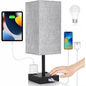 Bedside Table Lamp for Bedroom - Touch Small Lamp with USB C+A Charging Ports & AC Outlets, 3 Way Dimmable Nightstand Light for Living Room (LED Bulb Included, Grey)