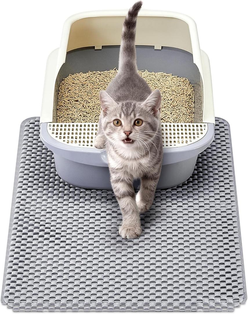 BurgeonNest PVC Foam Cat Litter Mat 24x15 inch, Soft on Paws, Double Layer Litter Trapping, Urine-Proof Water Resistant, Easy Clean Scatter Control (Gray)