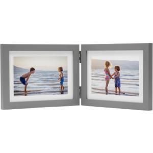 Double Horizontal Picture Frames Hinged Folding Photo Frames in Gray Made of Pine Wood with Real Glass for Wall Hanging or Tabletop Standing, Display Pictures 4x6 with Mat or 5x7 Without Mat