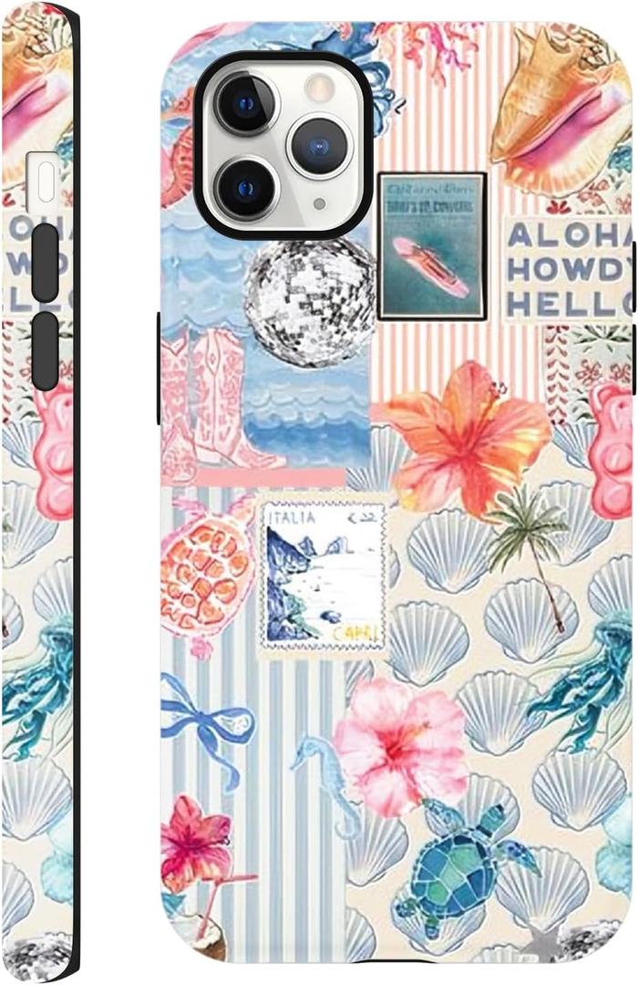 Summer Phone Case for iPhone 11 Pro Max, Cute Aesthetic Coastal Beach Ocean Collage Case, Coquette Hibiscus Flower Seashell Design, Slim Shockproof Protective Preppy Cover for Women Girl