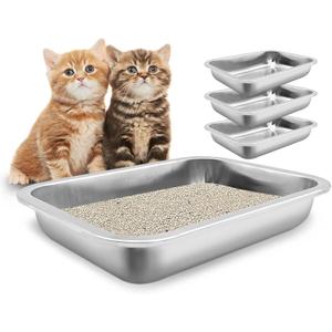 Fhiny 4Pack Stainless Steel Kitten Litter Box, Small Size Low Entry Metal Cat Open Litter Pan Potty Kitten Training Toilet Odor Control Smooth Surface (2XL:15.7 11.8 2 in)