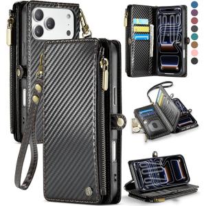 Defencase for iPhone 17 Pro Max Case Wallet with RFID Blocking Card Holder for Women Men, PU Leather Magnetic Snap Flip Zipper Strap Wallet Phone Case for iPhone 17 Pro Max 6.9", Carbon Fiber Black
