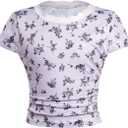 RoseSeek Girl's Ditsy Floral Print Lace T Shirt Short Sleeve Ribbed Ruched Cute Tee Shirts Summer Tops