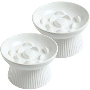 2 Pack Ceramic Slow Feeder Cat Bowl, Raised Puzzle Feeder, Anti Vomiting, Elevated Food Bowl, Whisker Friendly (White)