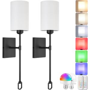 Battery Operated Wall Sconces Set of 2 with Remote, Wireless Wall Sconce with 2 Dimmable RGB LED Bulbs, Rechargeable Wall Lamps, Not Hardwired Wall Lights, Linen Shade, Black B04YBP205