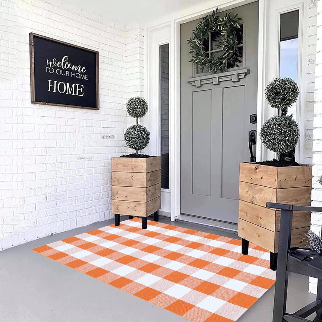 MUBIN Cotton Orange and White Plaid Rug, 3' x 5' Fall Outdoor Front Door Decorative Mat, Hand-Woven Rug for Layered Door Mats Washable Carpet for Porch, Entryway, Farmhouse, Autumn, Halloween