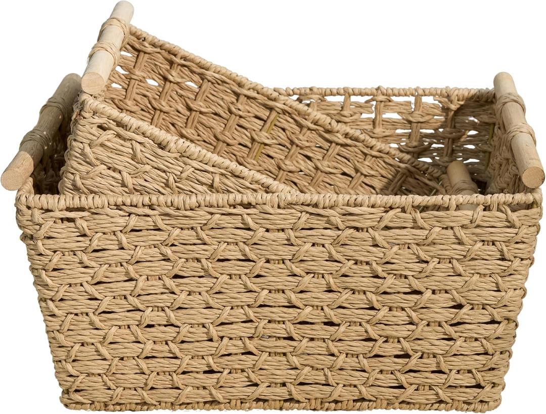 Isidore Paper Rope Woven Rectangular Multi-Use Baskets, 16.9" x 12.9" x 8.6", 14.5" x 11.8" x 5.5", Natural Brown