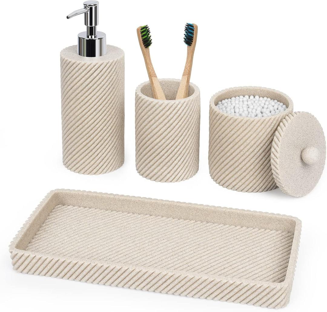 Beige Bathroom Accessories Set 4 Pcs - Toothbrush Holder,Lotion Soap Dispenser,Qtip Holder Dispenser,Vanity Tray for Countertop Vanity Organizer,Bathroom Accessory Set