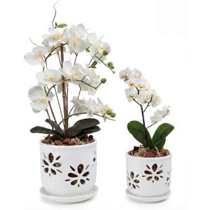 vensovo 5+6 Inch Orchid Pot with Holes and Saucer - White Ceramic Orchid Planter for Repotting, Flower Pot for Indoor/Outdoor Plants (2 Packs)
