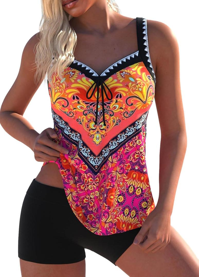 Modlily Bowknot Tankini Swimsuits for Women, Tribal Print Two Piece Bathing Suits, Chic Top with Boy Shorts, Size XL