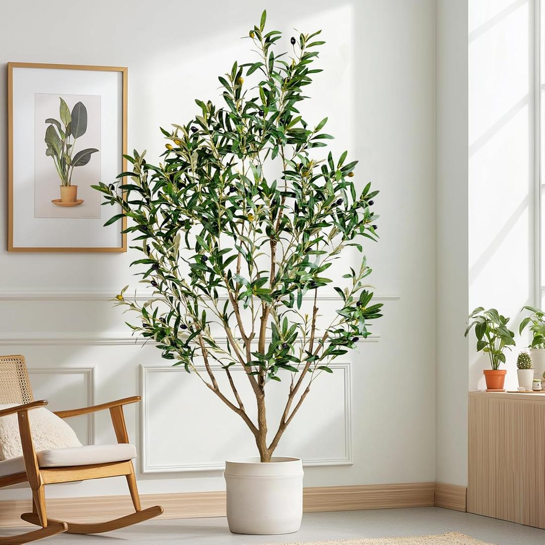 5FT Artificial Olive Tree with Realistic Leaves & Natural Trunk, Faux Silk Olive Plant in White Planter, Tall Fake Tree for Modern Home Office Living Room Entryway Corner Decor, Maintenance Free
