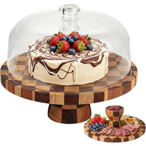 Metflavor Cake Stand with Dome Lid - 12in Wooden Cake Stand with Shatterproof Acrylic Dome, 2-in-1 Dessert Display & Charcuterie Board, Checkered Platter for Serving Cupcakes, Cheese and Fruits