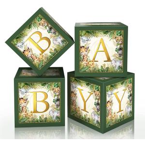 Jungle Safari Baby Boxes With Letters for Baby Shower Decorations - Animal Theme Decor Balloon Blocks for Safari Baby Shower, Gender Reveal, Birthday Party Supplies (Boy/Girl)