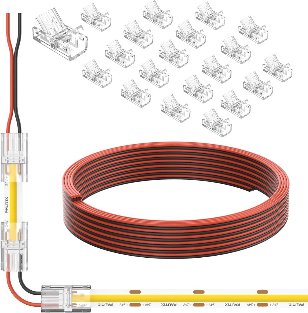 PAUTIX COB LED Connectors for 8mm 2-Pin COB LED Strip Lights,20pcs Strip to Wire Connectors,10ft(305cm) Long 22AWG Extension Wires for Non-Wired Gapless Solderless,5V 12V 24V 2835 LED Strip Lights