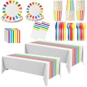 154 Pcs Rainbow Birthday Party Decorations 2 Rainbow Striped Tablecloth Disposable Dinnerware Set Colorful Plates Paper Cups Napkins Cutlery for Happy Birthday Wedding Party Supplies