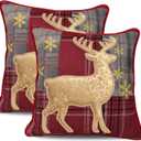 Christmas Reindeer Throw Pillow Covers 18x18 Set of 2, Red Plaid Embroidered Deer Cushion Covers, Rustic Farmhouse Holiday Decorative Tartan Pillow Cases for Sofa Couch Bedroom Home Decor