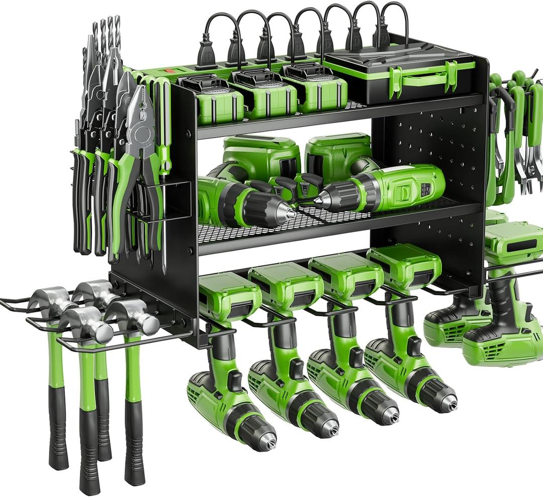 Power Tool Organizer, 3 Layer 8 Drill Holder Wall Mount, Tool Shelf and Storage Rack for Garage Organization, Gifts for Him Men Dad Husband Anniversary Fathers Day, Cool Gadget Stocking Stuffer