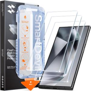 SMARTDEVIL [3 Pack for Samsung Galaxy S24 Ultra Screen Protector, Finger Print Reader Compatible, Fast & Easy Installation, Clear 9H Tempered Glass Film, Alignment Frame [Dust-Free & Bubble-Free]