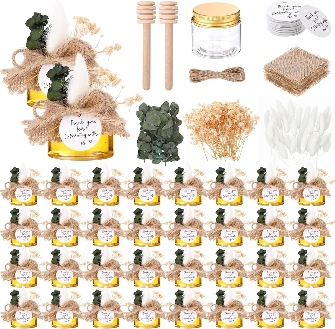 32 Pack Mini Plastic Honey Jars with Wooden Dipper and Cloth Covers Plastic Honey Jars with Gold Lids Thank You Card Jute Rope String Natural Plant for Baby Shower Wedding Birthday Party