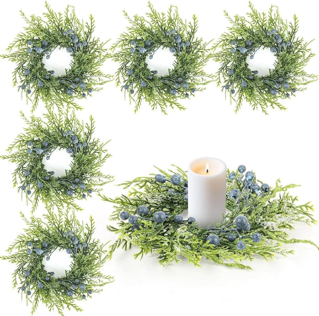 6 Pcs Mini Christmas Wreaths Winter Candle Rings Artificial Blueberry Candle Wreaths for Pillars Rustic Wedding Farmhouse Wreath Table Centerpiece Decoration for Cabinet Kitchen Front Door Home Decor