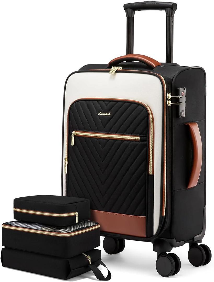LOVEVOOK Carry On Luggage 22x14x9 Airline Approved,20 Inch Carry-on Suitcase for Women,Softside Suitcases with Wheels,Rolling Checked Luggage with TSA Lock,Lightweight Travel (Black/White/Brown)