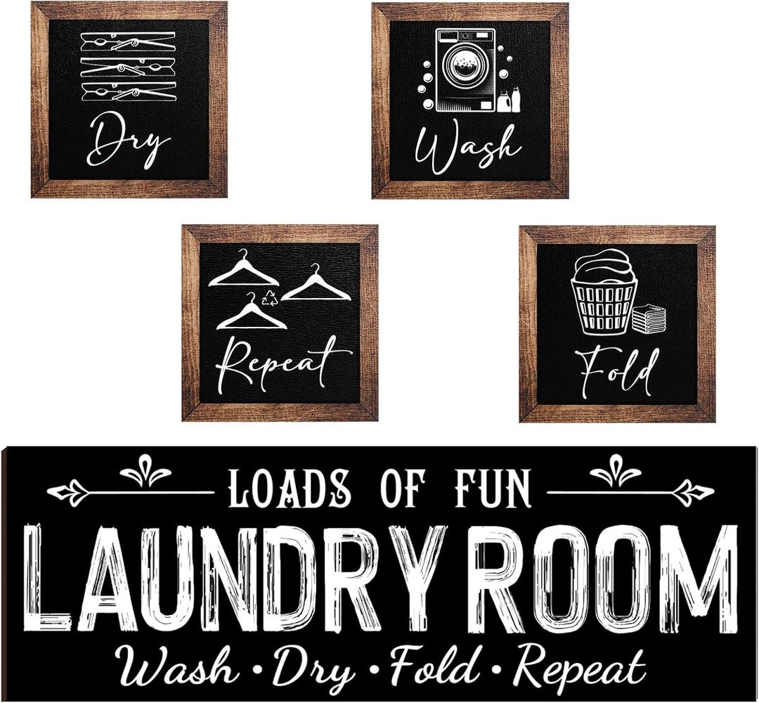 Yerliker Set of 5 Laundry Room Decor for Wall Laundry Room Sign Farmhouse Wooden 7 x 7 Inch Wash Dry Fold Repeat Signs Rustic Wall Art Decor for Bathroom Home(Black, Large)