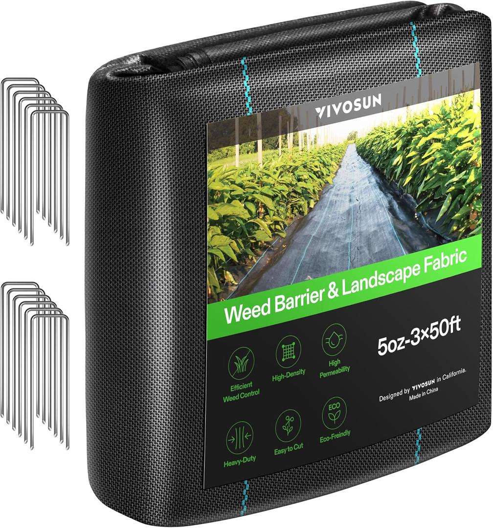 VIVOSUN Premium Weed Barrier Landscape Fabric Heavy Duty, 3ftx50ft 5oz Double-Layered Weed Control Mat with High Permeability with 12 Landscape Staples, Easy Set up & Superior Weed Control (350FT)