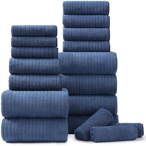 Pack Of 3 18 Piece Bath Towels Set,Soft Family Bathroom Towel Set with Hanging Loops-6 Bath Towels,6 Hand Towels,6 Washcloths,Highly Absorbent Quick Dry Shower Towel for Bathroom,Hotel,Spa-Navy Blue Towel Set